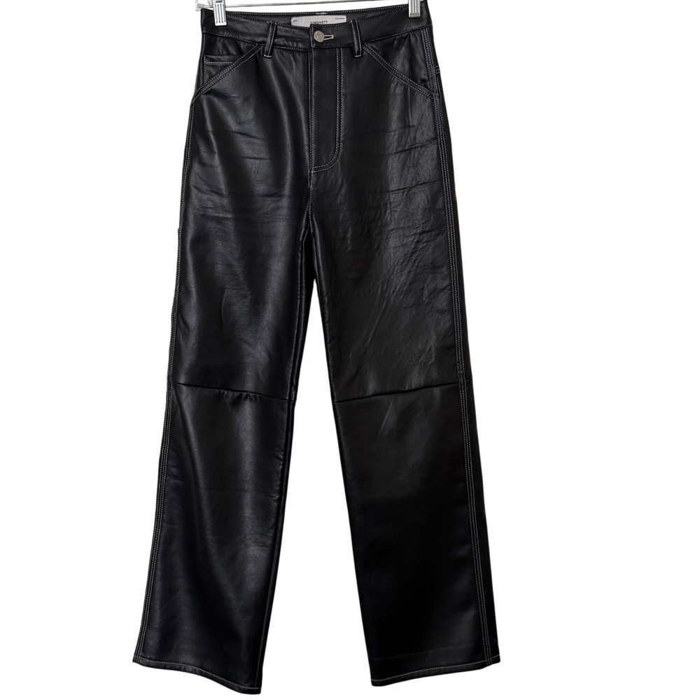 Simonett‎ Kika Black Faux Leather Button Fly Straight Leg Pants Womens XS